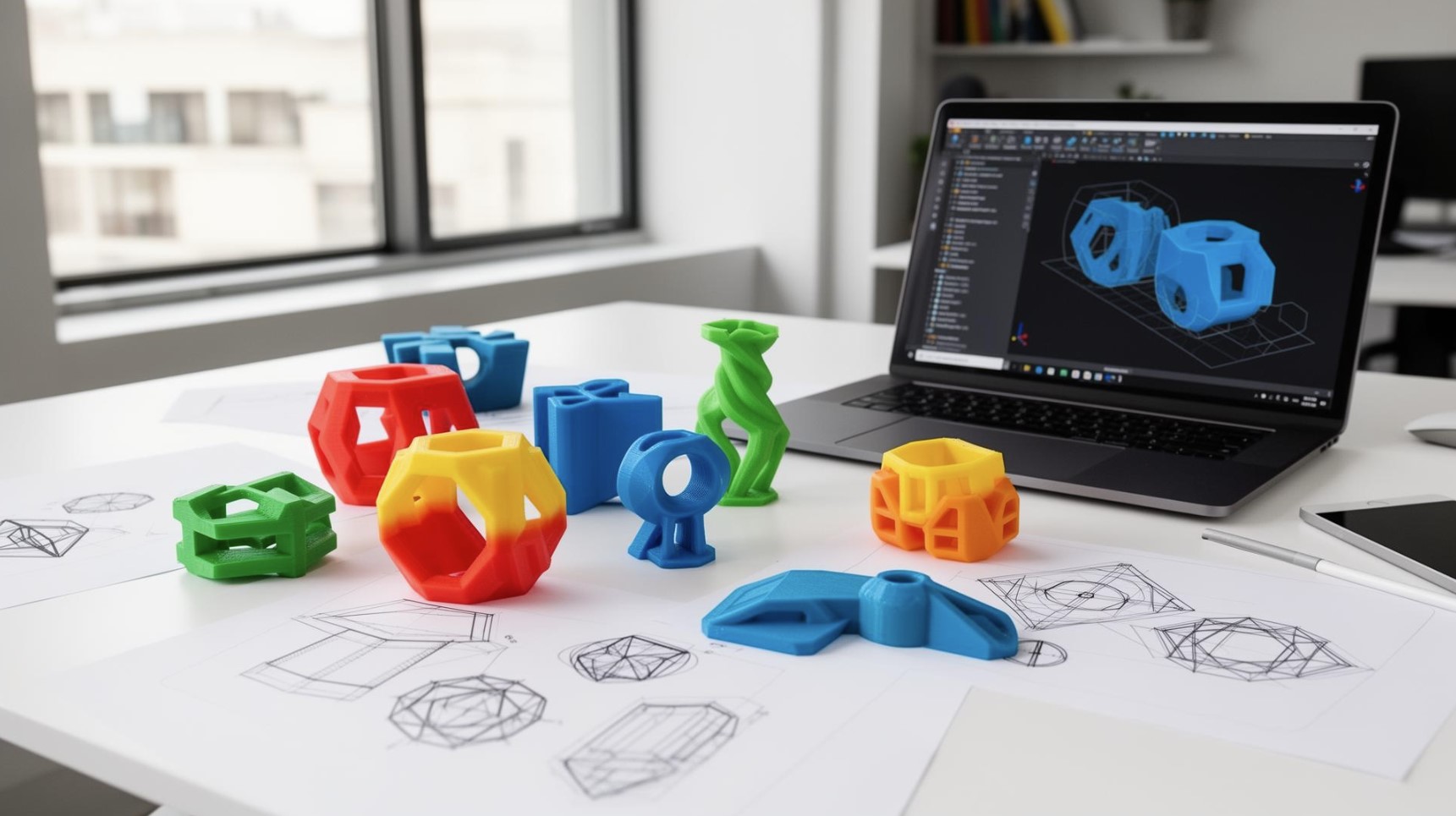 Colorful geometric 3D printed prototypes alongside digital models