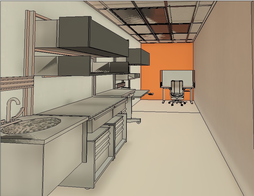 Original model view of lab casework and ceiling