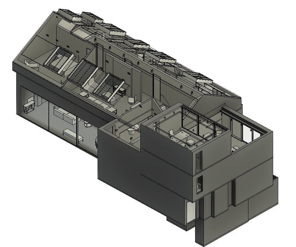 Three-dimensional residential architectural model showing a multilevel home